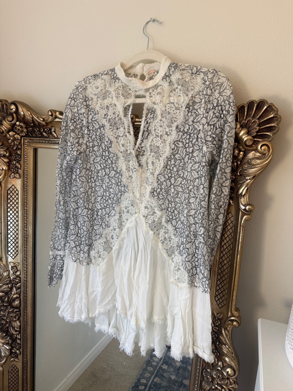 Free People Tell Tale Cutout Sheer Lace Flowy Tunic Dress White Whimsical Fairy